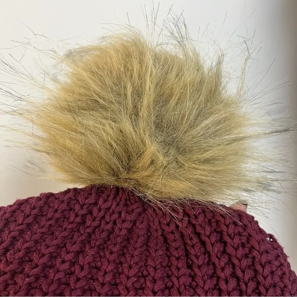 Love Your Melon Burgundy Pom Beanie Natural Pom Cableknit One Size Womens